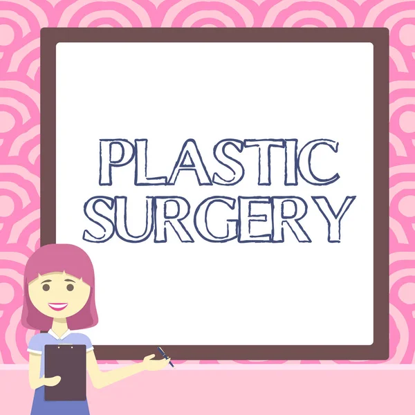 Plastik Cerrahi işaretini gösteren ilham. Yeni Fikirleri Takıma Sunan Düz Çizen Kadın Pano 'nun transferiyle vücudun parçalarının onarılması — Stok fotoğraf