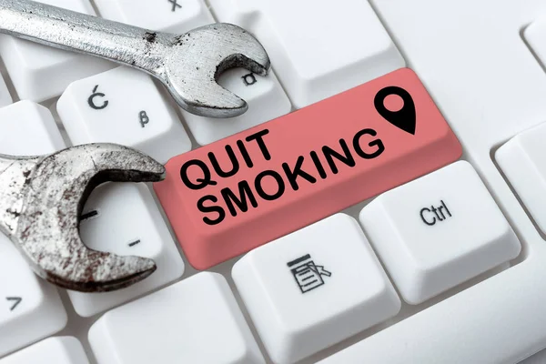 Hand writing sign Quit Smoking. Business overview the process of discontinuing or stopping tobacco smoking Abstract Typing Presentation Message, Retyping New Email Password — Stock Photo, Image