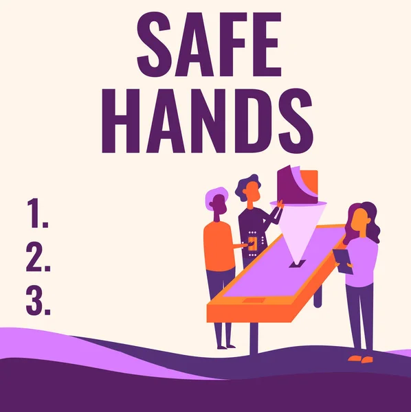 Kézírás jel Biztonságos kezek. Üzleti koncepció A kezek sterilitásának és tisztaságának biztosítása a fertőtlenítéshez Munkatársak Rajz Állandó Mellette Asztal vetítés grafikon. — Stock Fotó