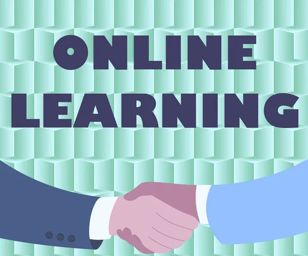 Znak ręcznego pisania Online Learning. Koncepcyjne zdjęcie biorąc udział w kursie, który można uzyskać przez Internet Dwóch mężczyzn rysunek z tła papieru uścisk dłoni prezentujące umowy — Zdjęcie stockowe