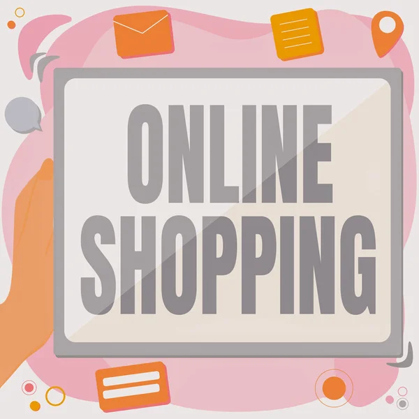 オンラインショッピングを示すテキスト記号。概念とは、消費者がインターネット上の売り手から直接商品を購入することを意味します概要ブラウザ履歴の削除、オンラインファイルの整理. — ストック写真