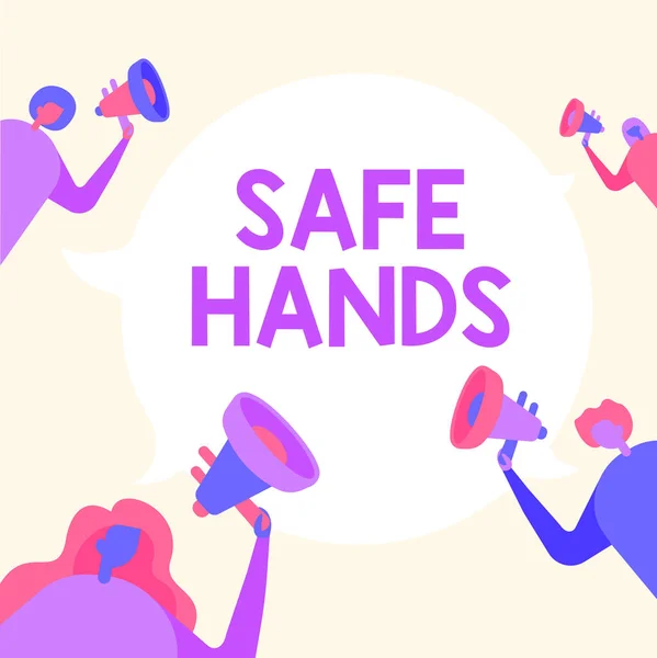 Güvenli Eller 'i gösteren mesaj işareti. İnternet Konsepti, dezenfekte için ellerin sterilizasyonunu ve temizliğini sağlıyor. Megafonlarını Birbirleriyle Konuşan İnsanlar Çiziyor.. — Stok fotoğraf