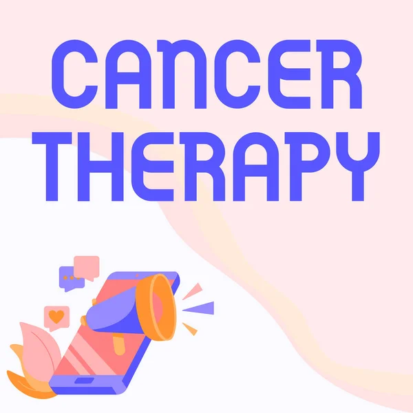 Ручной знак "Лечение рака". Понятие, означающее лечение рака у пациента часто с помощью химиотерапии Телефон Рисование обмен комментариями и реакциями через мегафон. — стоковое фото