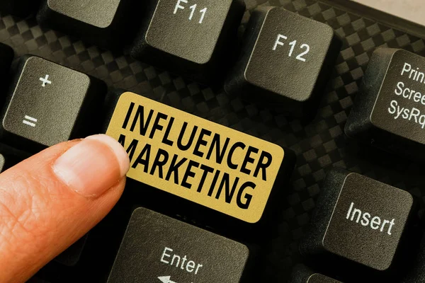 Skriv under med Influencer Marketing. Affärsidé form av sociala medier handel med påskrifter Bläddra online transaktionshistorik, Skapa organiserade filsystem — Stockfoto