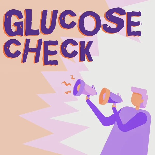 Texto que muestra inspiración Glucose Check. Palabra para un procedimiento que mide la cantidad de azúcar en la sangre Empresario Dibujo Sosteniendo un par de megáfonos haciendo nuevo anuncio. —  Fotos de Stock