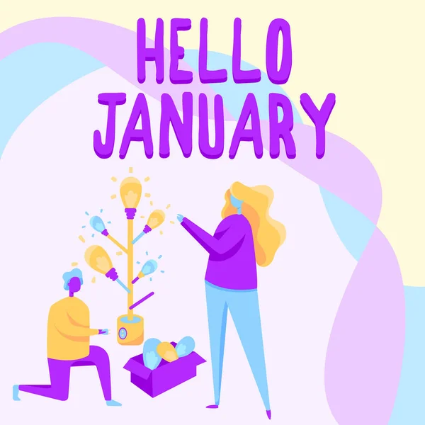 Legenda do texto apresentando Hello January. Conceito de negócio saudação usado ao receber o primeiro mês do ano Man And Woman Drawing Standing Kneeling Montagem Lâmpada Árvore. — Fotografia de Stock