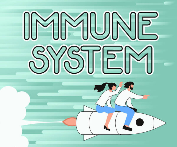 Text showing inspiration Immune System. Business showcase Complex network work together to defend against germs Illustration Of Happy Partners Riding On Rocket Ship Exploring World.