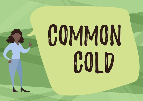 Inspiration med skylt Common Cold. Ord för virusinfektion i övre luftvägarna som främst påverkar näsan Illustration av kvinna som talar i Chat Cloud Diskutera idéer. — Stockfoto