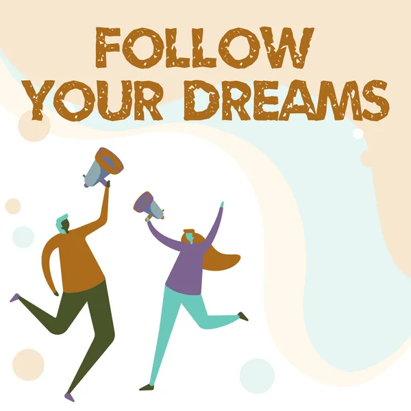 Text caption presenting Follow Your Dreams. Business overview motivational and inspirational expression to pursue your heart desire Illustration Of Partners Jumping Around Sharing Thoughts Through — Stock Photo, Image