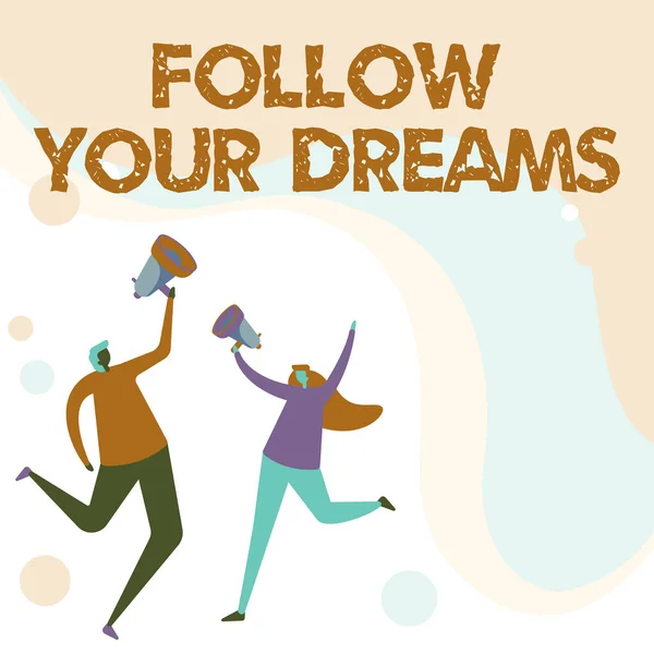 Titulek textu obsahující Follow Your Dreams. Obchodní přehled motivační a inspirativní vyjádření k naplnění vašeho srdce touha Ilustrace partnerů skákání kolem sdílení myšlenek prostřednictvím — Stock fotografie