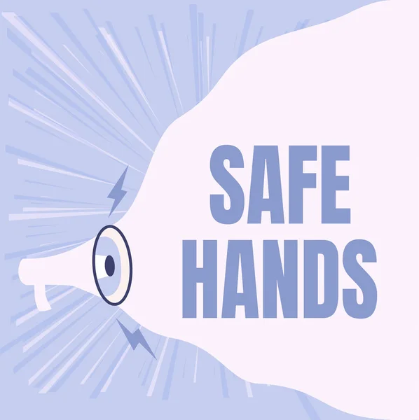 Teken met Veilige Handen. Bedrijfsconcept Zorgen voor de steriliteit en netheid van de handen voor decontaminatie Megafoon Tekenen Nieuwe Luide Aankondiging To Blank Cloud. — Stockfoto