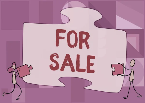 Text sign showing For Sale. Business approach putting property house vehicle available to be bought by others Colleagues Drawing Fitting Two Pieces Of Jigsaw Puzzle Together Teamwork. — Stock Photo, Image