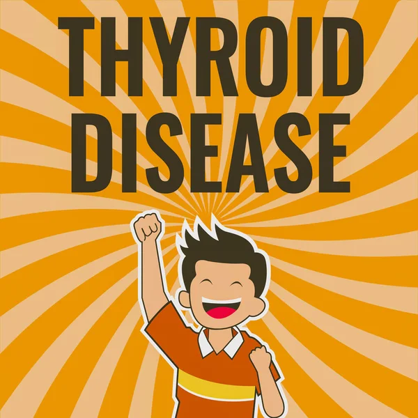 Text caption presenting Thyroid Disease. Internet Concept the thyroid gland fails to produce enough hormones Cheerful Man Enjoying Accomplishment With Spiral Background Raising Hand.