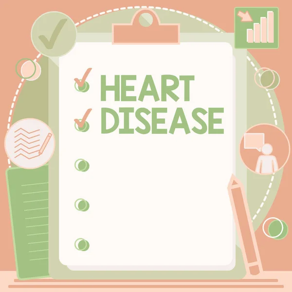 Metin başlığı Kalp Hastalığı 'nı gösteriyor. Listede İşaretli İşaretli İşaretli İşaretli Ögeler Çizen Kalp veya Kan Damarları Panosunu etkileyen Bir Hastalık Tipi Üzerine Yazılan Sözcük. — Stok fotoğraf
