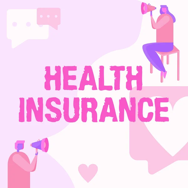 Az egészségbiztosítást mutató SMS-jel. Üzleti ötlet rendszer finanszírozása az orvosi költségek a biztosított férfi álló és nő ül mindkét gazdaság hangszóró üzenet szimbólummal. — Stock Fotó
