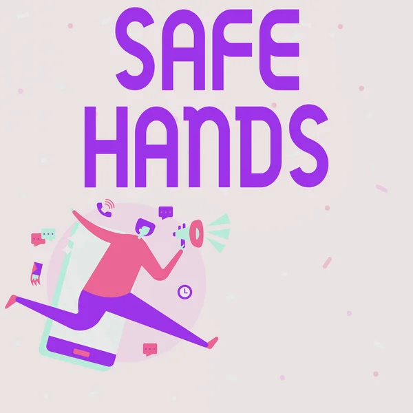 Inspiráció mutatja a "Biztonságos kezek" jelet. Word írt biztosítása a sterilitás és tisztaság a kezét a fertőtlenítés Man Rajz gazdaság Megafon fut a telefon készítés hozzászólás. — Stock Fotó