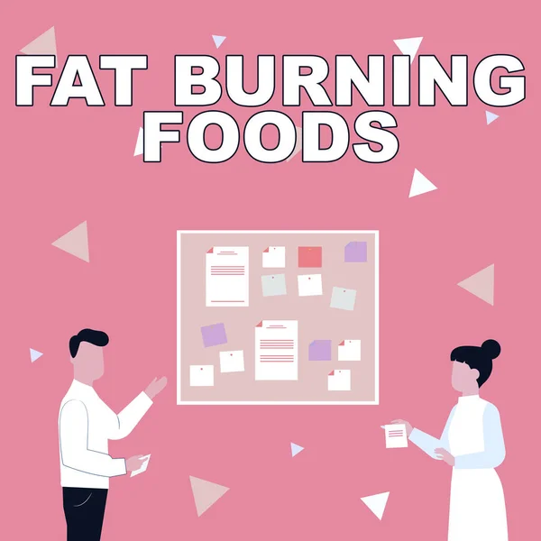 文字显示的灵感脂肪燃烧食物。有关通过刺激新陈代谢来减少食欲从而导致脂肪流失的文字- -关于夫妇在木板上粘贴的观点的说明. — 图库照片