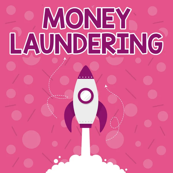 Text sign showing Money Laundering. Word Written on illegal process hiding origin of money obtained illegally Illustration Of Rocket Ship Launching Fast Straight Up To The Outer Space.