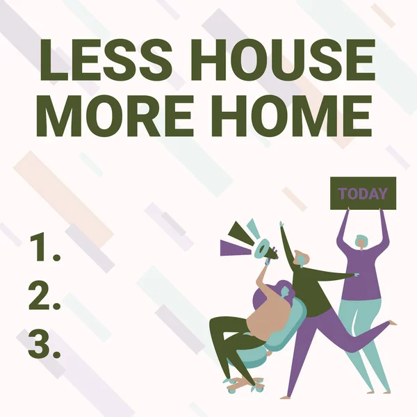 Legenda conceitual Less House More Home. Internet Concept small family community Ligação e ficar juntos Mulher Desenho Sentado Segurando Megafone Fazer Anúncio. — Fotografia de Stock