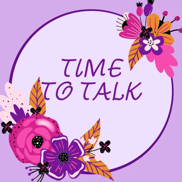 Handschriftliches Zeichen Time To Talk. Geschäftsübersicht, um mit der Person gründlich zu diskutieren oder Informationen zu vermitteln Textrahmen umgeben von verschiedenen Blumen Herzen und Blättern. — Stockfoto