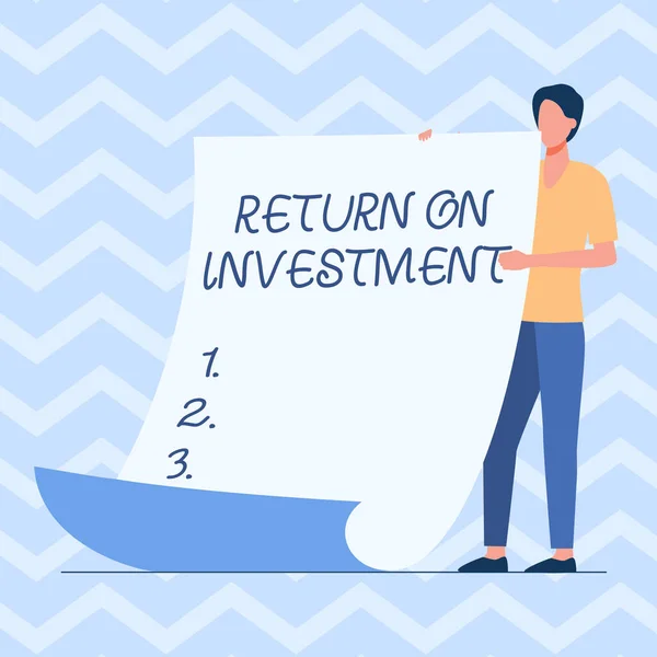 Text sign showing Return On Investment. Conceptual photo reviewing a financial report or investment risk analysis Man Standing Holding Large Blank Paper Showing New Meaning And Message. — Stock Photo, Image