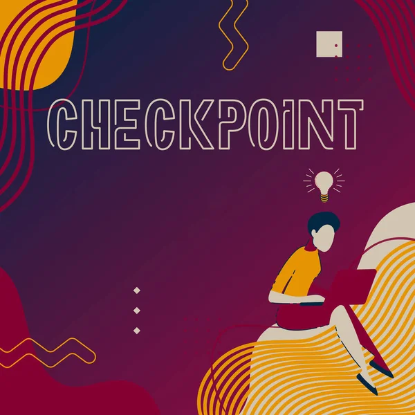 Textzeichen mit Checkpoint. Internet-Konzept bemannter Eingang, an dem Reisende Sicherheitschecks unterzogen werden Frau sitzt mit Laptop und erledigt Arbeit aus neuen Gedanken. — Stockfoto