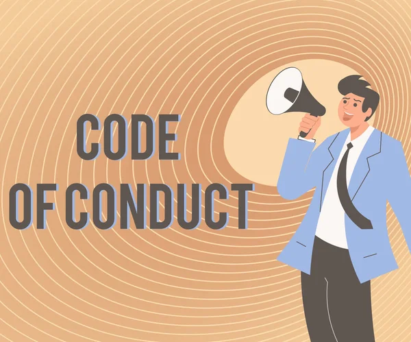 Käsiala teksti Code of Conduct. Liiketoiminnan yleiskatsaus periaatteet ovat etiikka, kunnioitus, koodi, rehellisyys, ja eheys Kuva mies osoittaa pois pitämällä Megafone Making Uusi ilmoitus — kuvapankkivalokuva