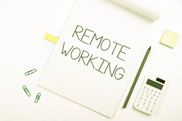 Inspiration showing sign Remote Working. Business concept style that allows professionals to work outside of an office Multiple Assorted Collection Office Stationery Photo Placed Over Table — Stock Photo, Image