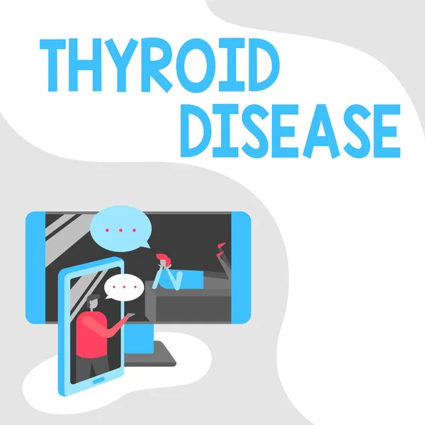 Sign displaying Thyroid Disease. Business overview the thyroid gland fails to produce enough hormones Two Colleagues Sharing Thoughts With Speech Bubbles Popping Out From Phones