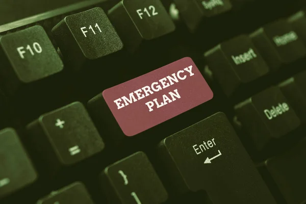 Text showing inspiration Emergency Plan. Concept meaning instructions that outlines what workers should do in danger Typing New Academic Lessons, Creating Lecture Plans, Typewriting Fresh Idea
