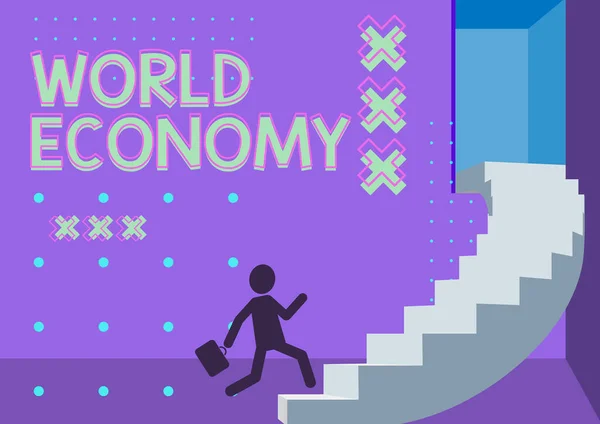 Conceptuele weergave World Economy. Concept betekent internationale handel in producten en diensten over de hele wereld Gentleman In Suit Running Upwards On A Large Stair Steps Toont vooruitgang. — Stockfoto