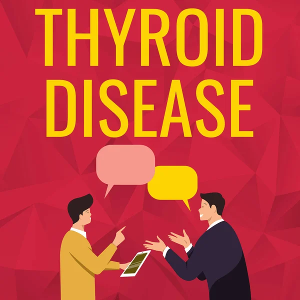 Inspiration showing sign Thyroid Disease. Word for the thyroid gland fails to produce enough hormones Two Men Colleagues Standing Sharing Thoughts Together With Speech Bubbles