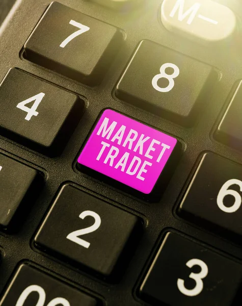 Hand writing sign Market Trade. Word Written on forex trading graph of financial investment or Economic trends business Creating New Online Shop Business, Typing List Of Trading Goods — Stock Photo, Image