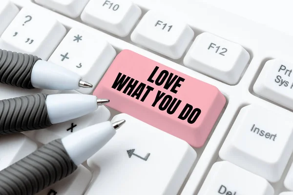 Handschrifttekst Love What You Do. Word voor heeft passie en enthousiasme op het werk Dedication Devotion Typen Firewall Program Codes, Typewriting regels en voorschriften Boek — Stockfoto