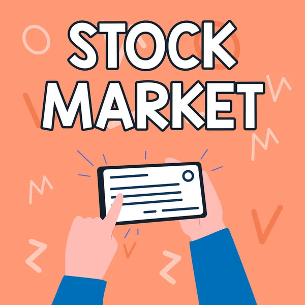Conceptual caption Stock Market. Business showcase forex trading for financial investment and economy trends Illustration Of Hand Holding Important Identification Card Pointing It. — Stock fotografie