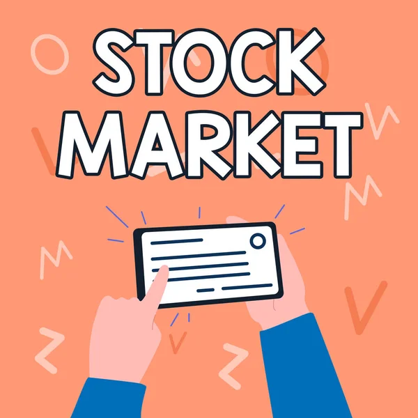 Begreppsmässig bildtext Aktiemarknaden. Business showcase forex handel för finansiella investeringar och ekonomi trender Illustration av Hand Holding Viktiga ID-kort Peka det. — Stockfoto