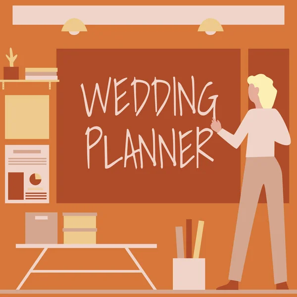Χέρι εγγράφως σημάδι Planner γάμου. Επιχειρηματική ιδέα κάποιος που σχεδιάζει και οργανώνει γάμους ως επάγγελμα Επιχειρηματίας Casual Standing Παρουσιάζοντας διαγράμματα και νέες υπέροχες ιδέες. — Φωτογραφία Αρχείου