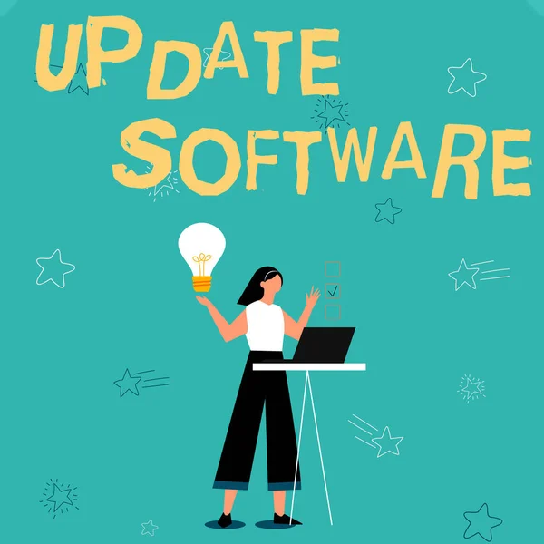 Teken het weergeven van Update Software. Zakelijk concept een applicatie patch vaststelling van de eerder gevonden bugs Illustratie van meisje met behulp van laptop met ideeën en het maken van checklist. — Stockfoto