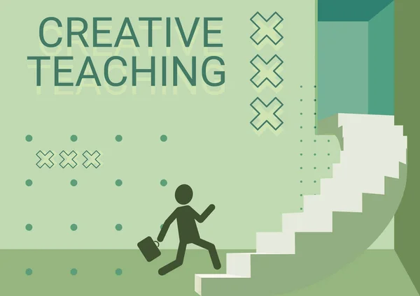 Pisanie wyświetlania tekstu Creative Teaching. Koncepcja oznacza akt coachingu w nowatorski sposób, który sprzyja wzrostowi Gentleman In Suit Running Up On A Large Stair Steps Showing Progress. — Zdjęcie stockowe