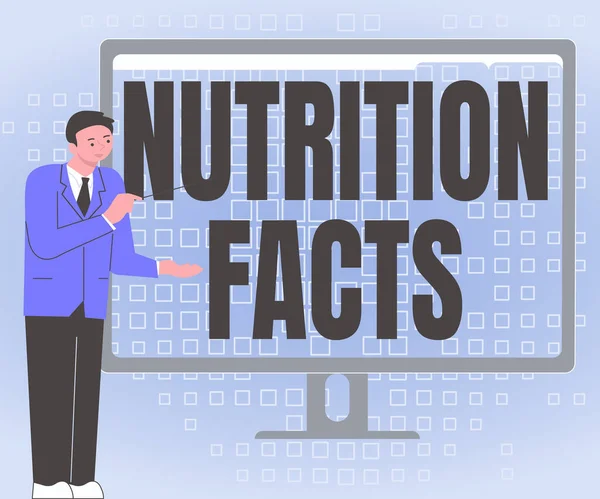 Inspiráló szöveg Táplálkozási tények. Üzleti áttekintés részletes információk egy élelmiszer s tápanyagtartalom Üzletember Állandó bemutató diagramok Csodálatos ötletek a számítógép képernyőjén — Stock Fotó