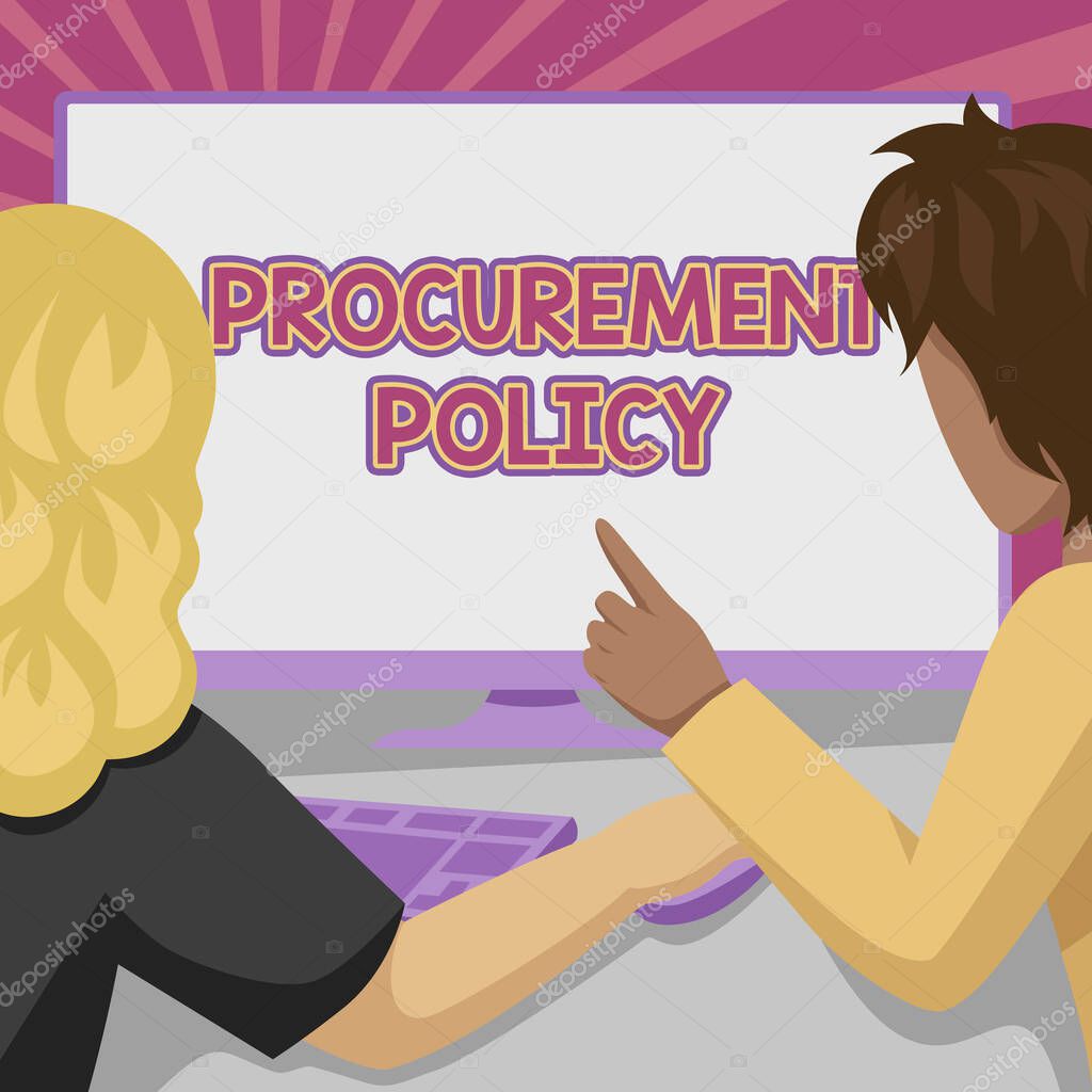 Conceptual display Procurement Policy. Business idea govern choice of suppliers used to tell their suppliers Couple Drawing Using Desktop Computer Accomplishing Their Work.