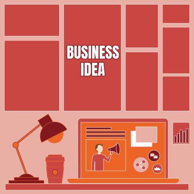 İlham veren iş fikirlerini gösteren bir metin. Ticari amaçlar için kullanılabilen konsept, kahve fincanı ve çalışma sürecini gösteren masa lambası üzerine kuruludur..