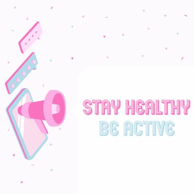 El yazısı işareti: Sağlıklı Kalın Aktif Ol. İş konsepti. Kendine iyi bak. Egzersiz yap. Bir çift megafon çiz..