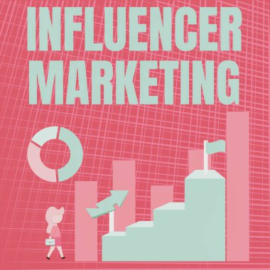 İlham verici Pazarlama 'yı gösteren metin. Muhtemel Müşteri Hedefini Etkileyen Konsept Anlamı: Büyük Grafik Gösterisine Doğru Yürüyen İş Kadını