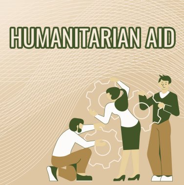 Kavramsal İnsani Yardım Gösterisi. İnternet Konsepti, doğal ve insan yapımı bir felaketten sonra, bir grubun Çalışmalarına Yardım Etme Dişlilerinin İllüstrasyonu 'ndan hemen yardım aldı.