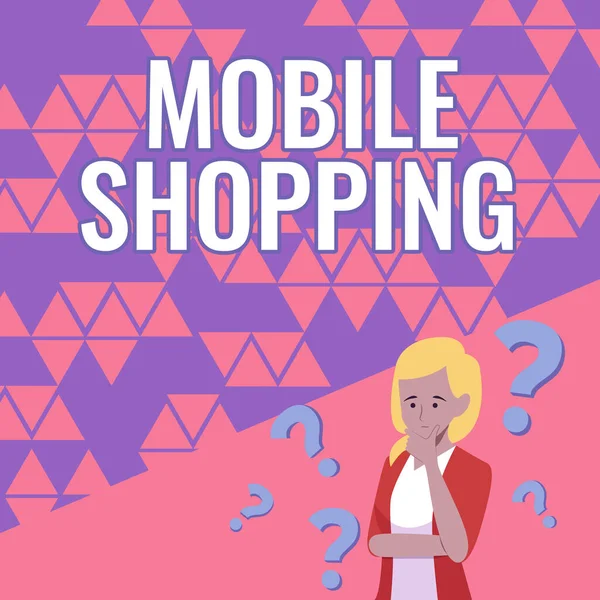 모바일 쇼핑 (Mobile Shopping) 은 다음을 가리킨다. 새로운 해결책을 제시하는 모바일 레이디 브레인스토밍을 통해 상품 과 용역을 구입하고 판매하는 사업 아이디어. — 스톡 사진