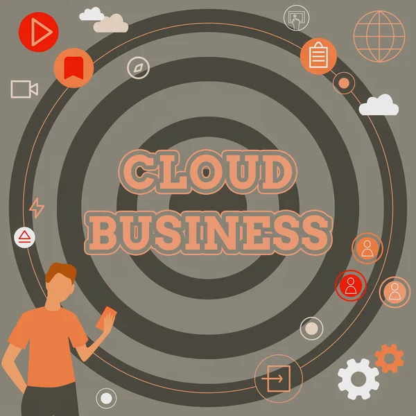 Text bildtext som presenterar Cloud Business. Ord för datorer som bygger på delade datorresurser Affärsman Innovativt tänkande Ledande idéer mot en stabil framtid. — Stockfoto
