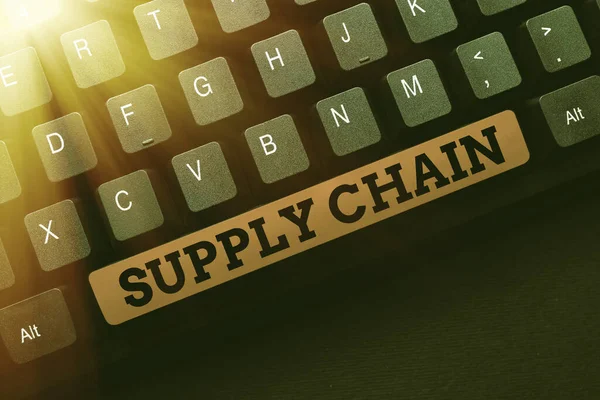 Segno di scrittura a mano Supply Chain. Rete di vetrina aziendale tra un'azienda e fornitori nella produzione di un prodotto Sceneggiatura del codice del programma di digitazione, download astratto Nuovo diario online — Foto Stock