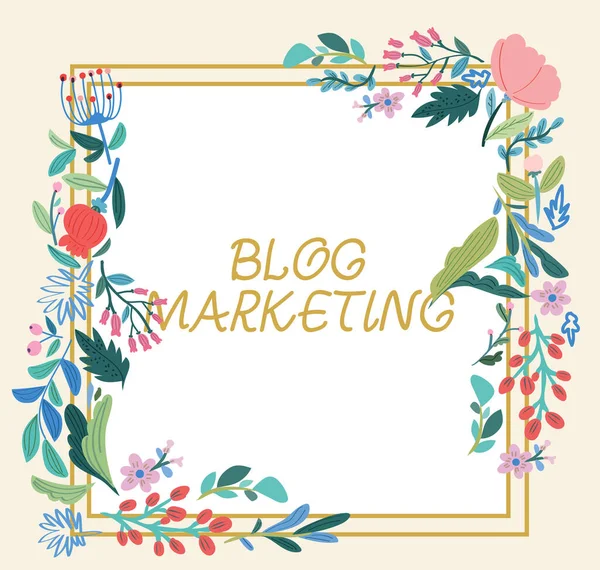 Zarejestruj wyświetlanie Blog Marketing. Biznes prezentuje każdy proces, który nagłaśnia lub reklamuje stronę internetową za pośrednictwem bloga Blank Frame ozdobione abstrakcyjnymi zmodernizowanymi formularzami Kwiaty i liści. — Zdjęcie stockowe