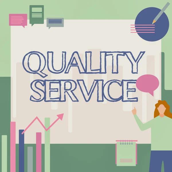 Концептуальный дисплей Quality Service. Обзор бизнеса о том, насколько хорошо предоставляемые услуги соответствуют ожиданиям клиентов Предпринимательница Случайная презентация графиков и новых замечательных идей. — стоковое фото